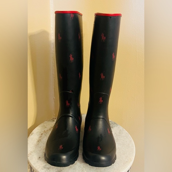Polo Ralph Lauren Shoes - Ralph Lauren Polo Tall Rain Boots Navy Pink Logo Size 8